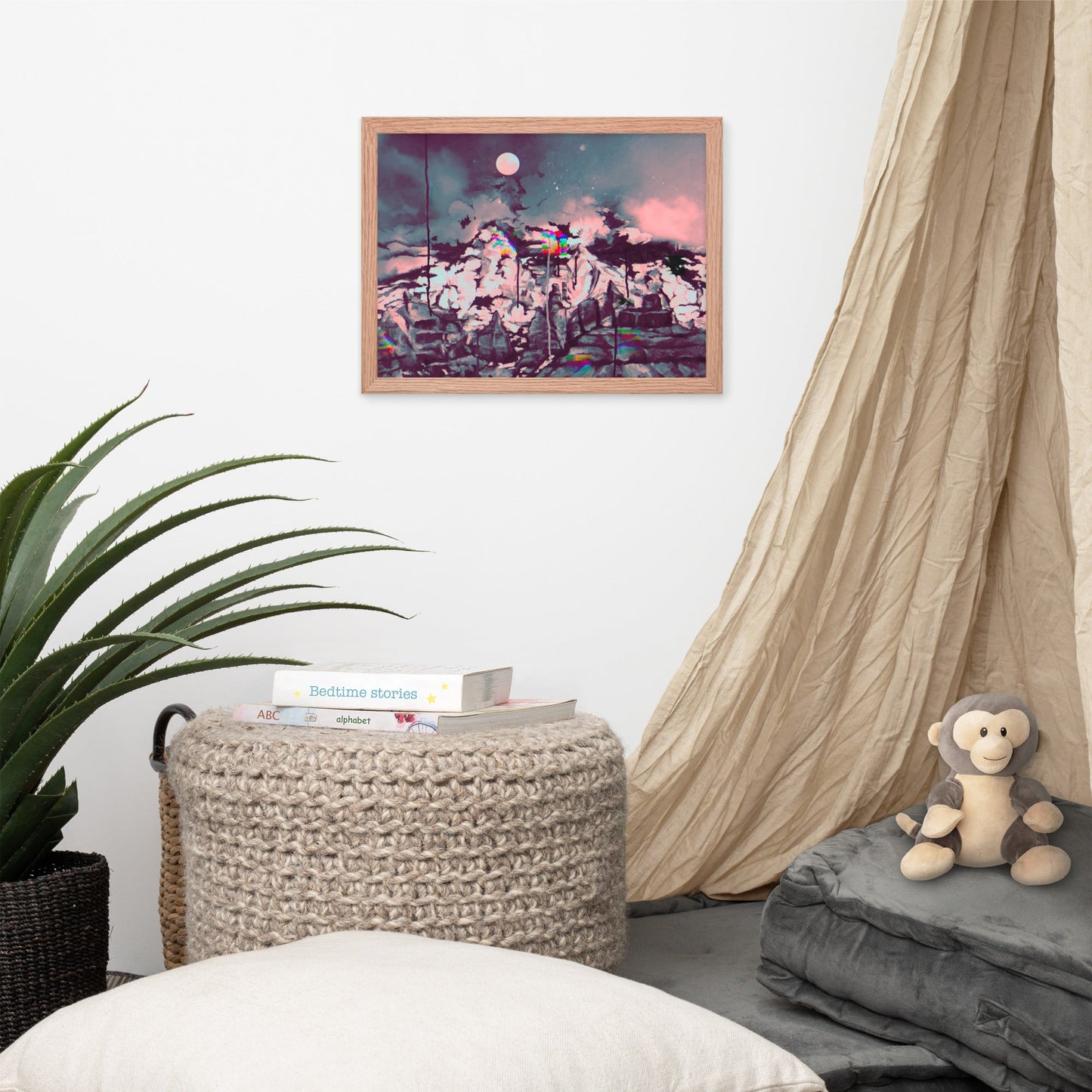 Glitch on Schnebly Road, framed abstract landscape print displayed to show product size .