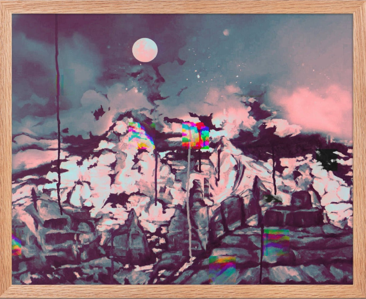 Glitch on Schnebly Road moody art print featuring a mountain landscape at night under a full moon with digital distortio