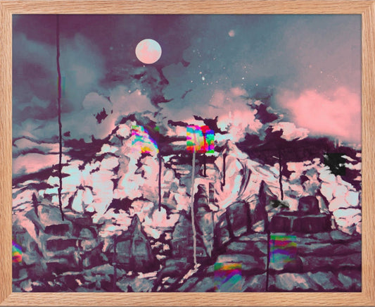 Glitch on Schnebly Road moody art print featuring a mountain landscape at night under a full moon with digital distortio