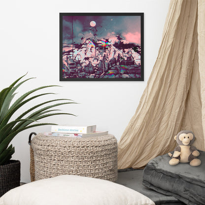 Glitch on Schnebly Road - Surreal digital landscape art print displayed to show product size.