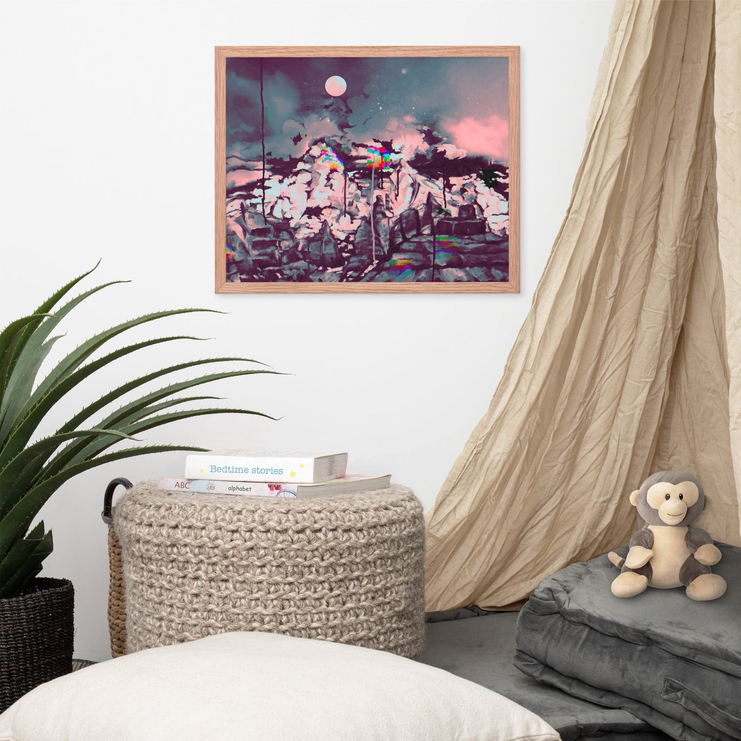Glitch on Schnebly Road, a moody glitch art print displayed to show product scale.