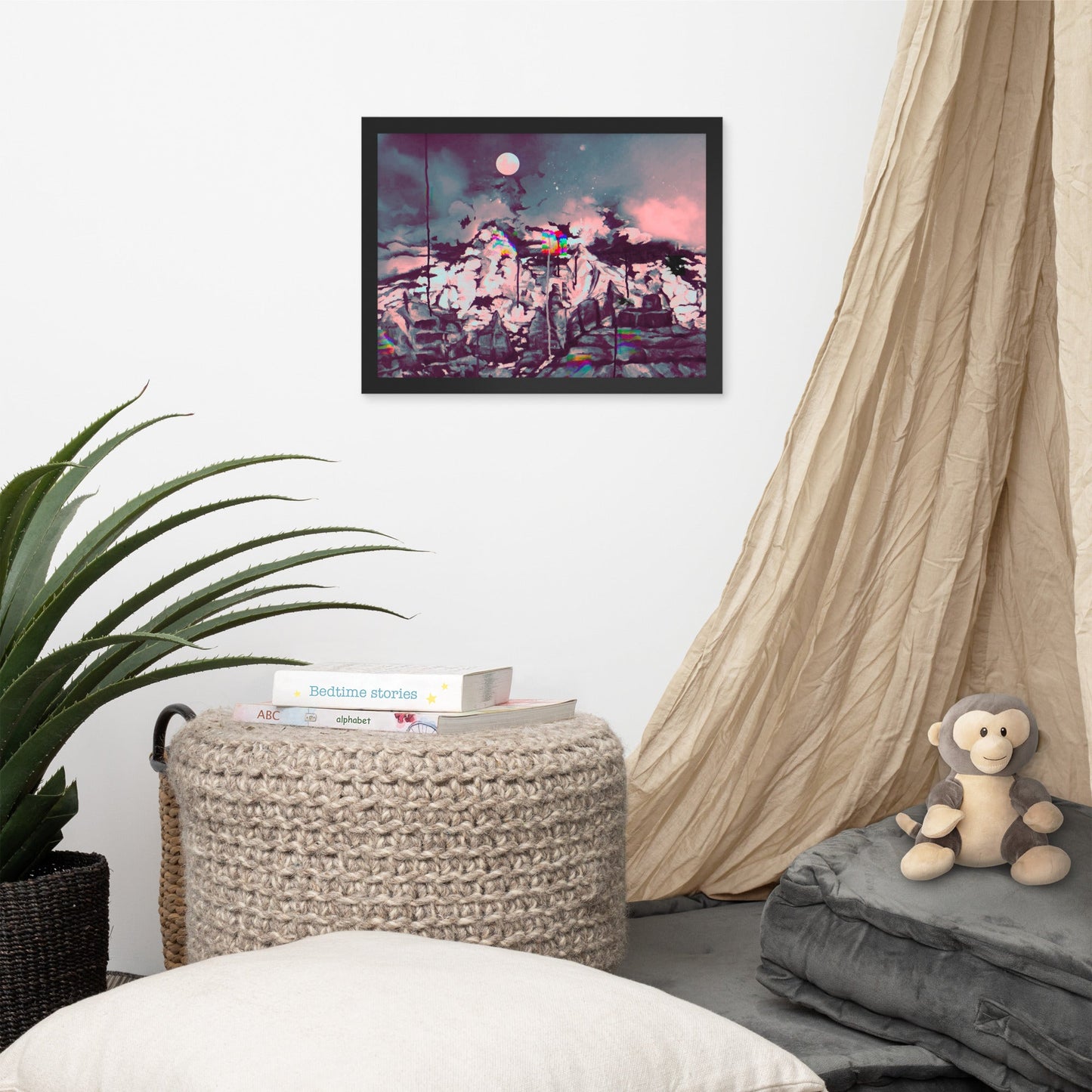 Framed Glitch on Schnebly Road art print featuring a night mountain landscape, displayed to show product size scale.