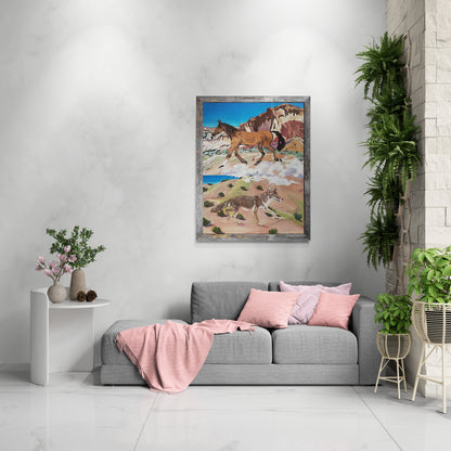 A framed western-style painting hanging on a textured white wall in a modern living room. The painting features two panels: a trotting brown horse on top and a running coyote on the bottom. Below the artwork sits a gray sectional sofa styled with pink pillows and a matching pink throw blanket. A white side table with flowers sits to the left, and lush green potted plants are arranged on the right.