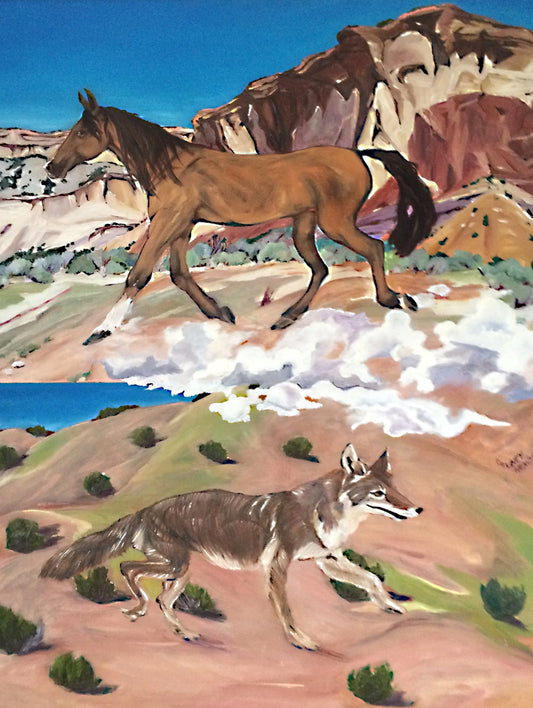Southwestern wildlife oil painting featuring a wild horse in a  desert canyon on top and a coyote on desert hills below.