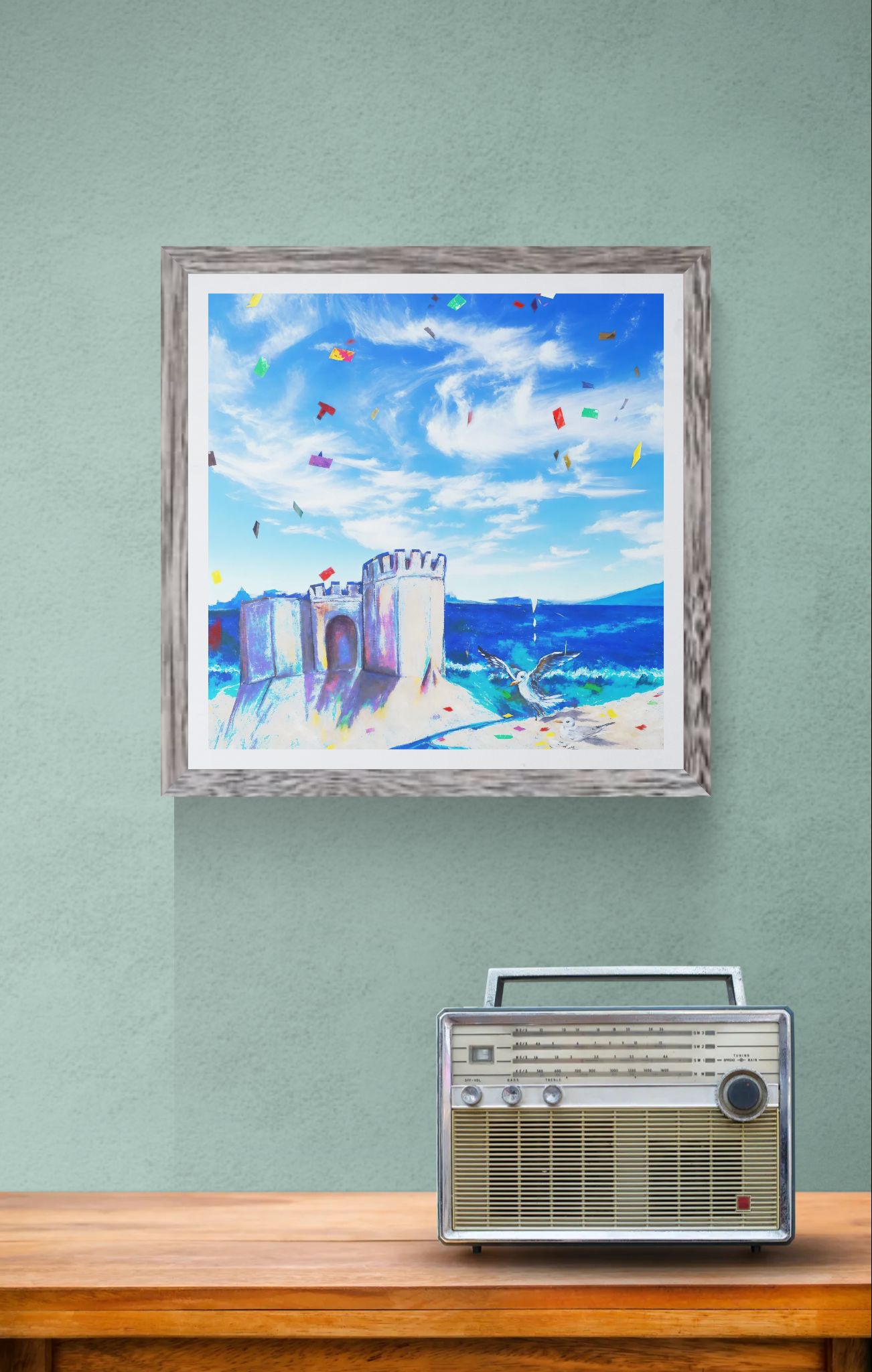 Lets go to the Beach is a  framed colorful painting of a sandcastle  by the sea under a blue sky with confetti displayed on a mint green wall above a vintage radio on a wooden table.