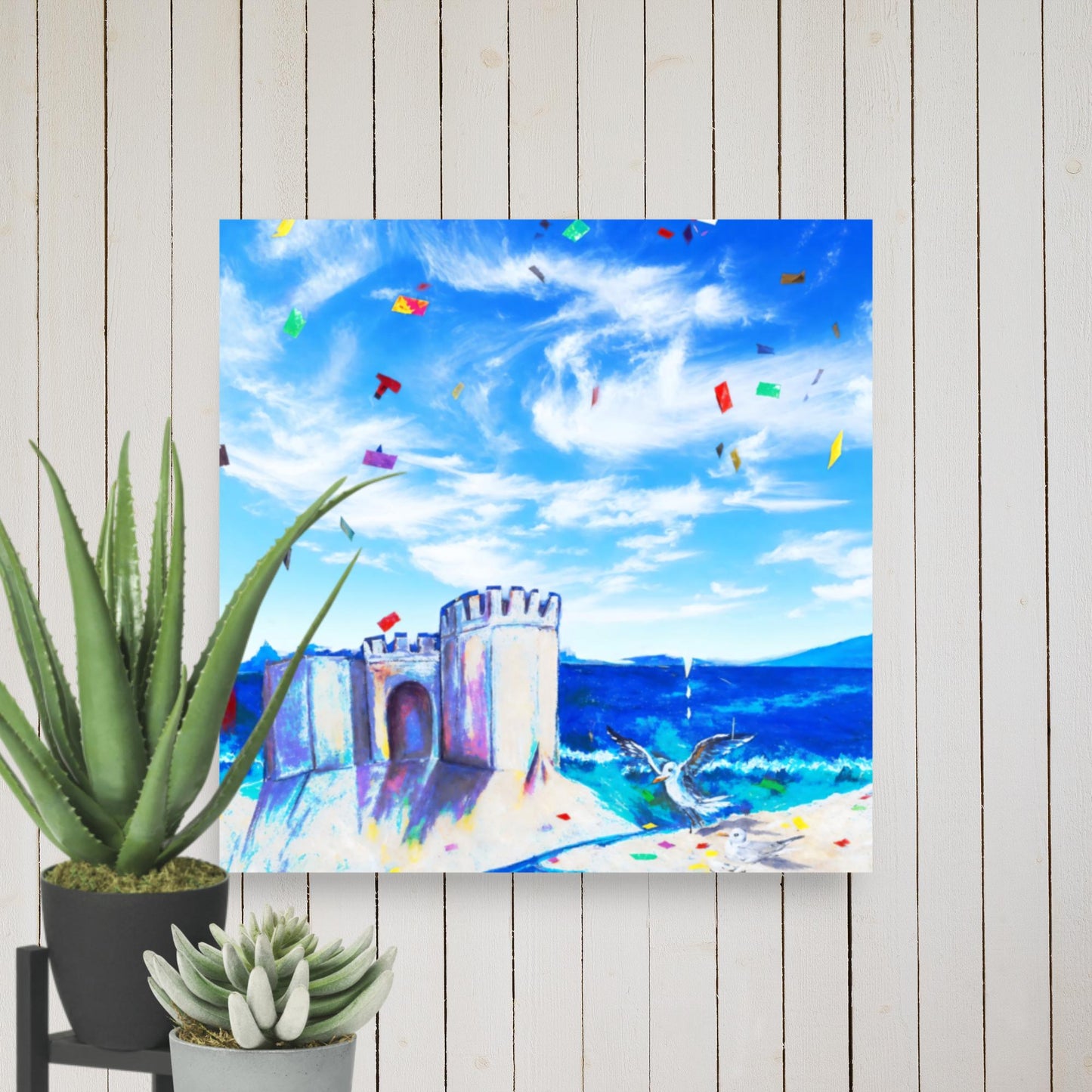 Let's go to the Beach is a Colorful sandcastle beach illustration with seagulls and festive confetti under a clear blue sky art print  on a wall with a plant.