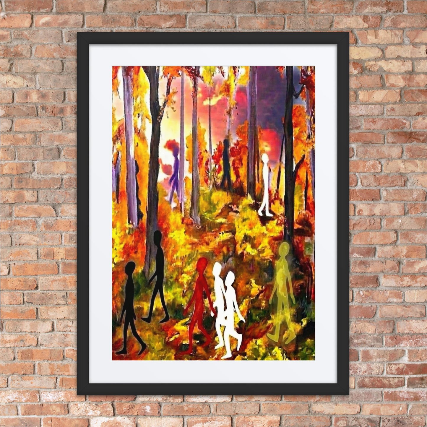Autumn Spirits - Surreal autumn forest landscape art print featuring multicolored silhouettes walking among fall trees with a vivid, dramatic red and yellow sky. Framed and displayed on a brick wall.