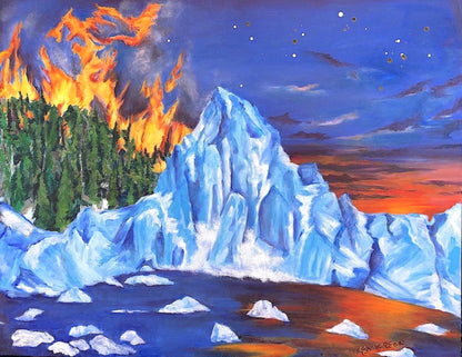 Oil painting by Delaney Henderson featuring a burning pine forest and a melting blue iceberg under a starry night sky.