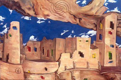 Delaney Henderson original surrealist oil painting of Mesa Verde cliff dwellings with symbolic imagery.