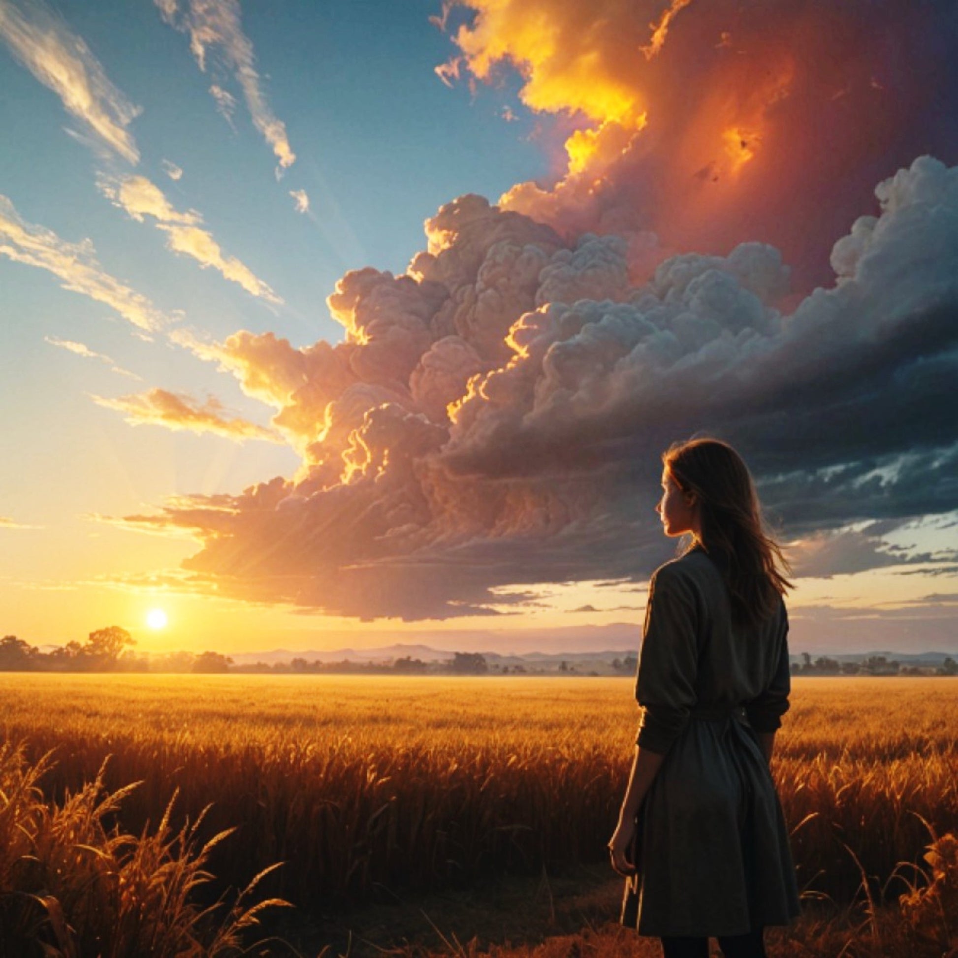 A young woman reflects and gazes out across a field at a dramatic colorful sunrise.
