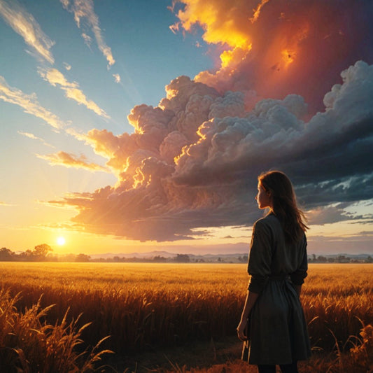 A young woman reflects and gazes out across a field at a dramatic colorful sunrise.