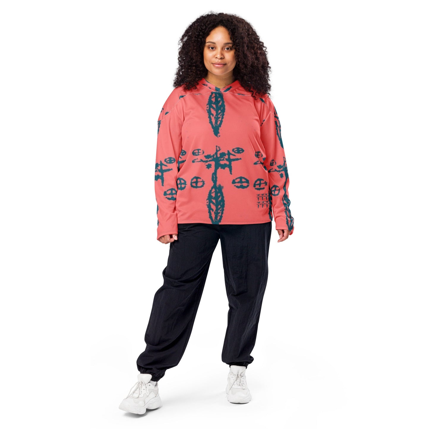 Front view of woman modeling the recycled hockey fan jersey designed by Delaney Henderson