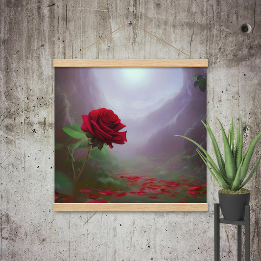 Surreal fantasy art print of a vibrant red rose in a misty purple canyon on wood hangers.