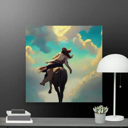 Rider in the Sky fantasy print of a woman on a horse in the clouds, displayed on a grey office wall for size scale