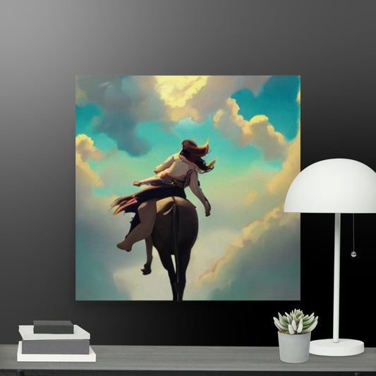 Rider in the Sky fantasy print of a woman on a horse in the clouds, displayed on a grey office wall for size scale