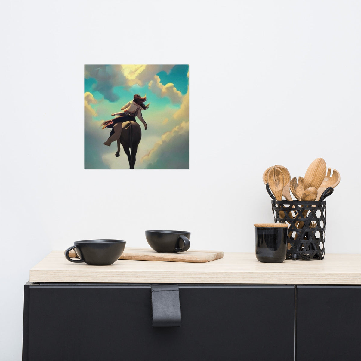 Whimsical art print of a woman on a flying horse in a blue sky, shown in a kitchen setting to display size scale