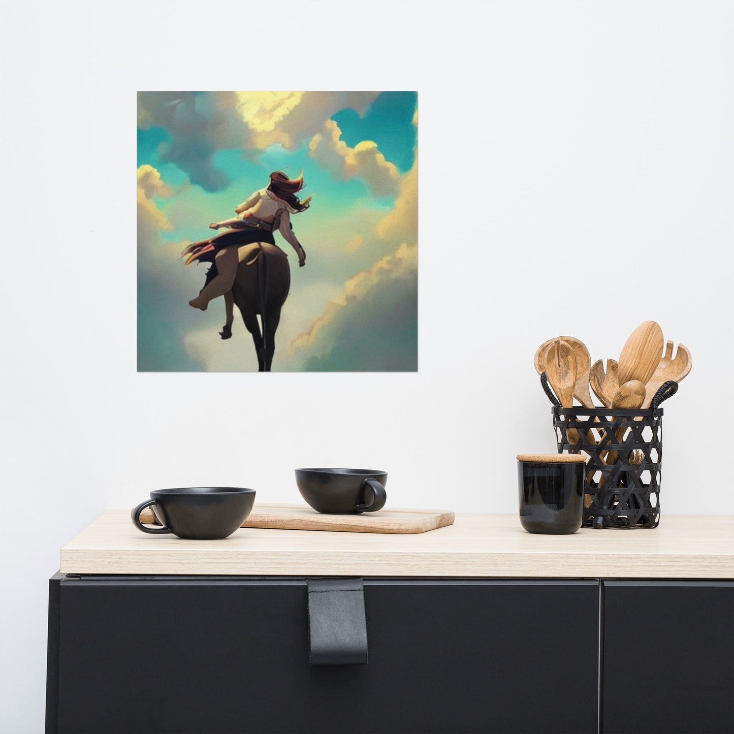 Whimsical fantasy art print displayed on a kitchen wall near ceramic bowls to show product dimensions.