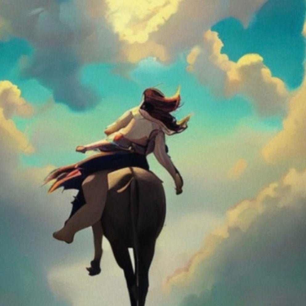 Rider in the Sky Fantasy art print depicts woman riding a horse high above the ground through clouds under a golden sun.