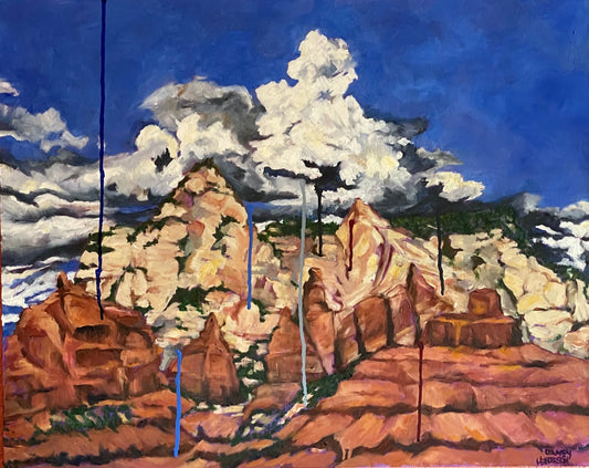 Sedona Monsoon - Expressionist Southwest desert landscape oil painting featuring red rock canyons and jagged mountains under a deep blue sky with dramatic white storm clouds. Vibrant red and orange canyon wall art for modern home decor.