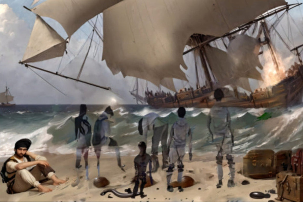 Shipwreck in Erresos digital art print featuring a vintage sailing ship, crashing waves, spectral figures, and treasure chests