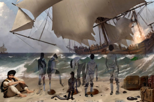 Shipwreck in Erresos digital art print featuring a vintage sailing ship, crashing waves, spectral figures, and treasure chests