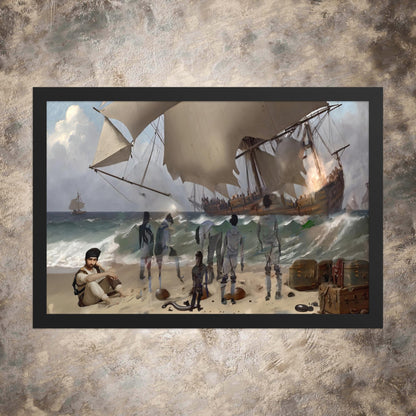 Framed fantasy maritime art print showing a vintage wooden sailing ship in rough ocean waves to display size scale