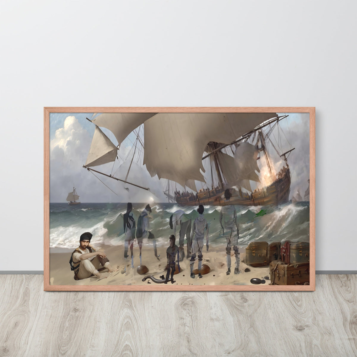 Shipwreck in Erresos maritime art print shown framed and displayed to showcase product scale