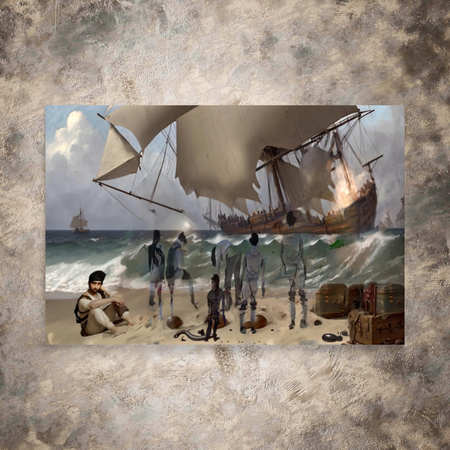 Shipwreck in Erresos, Maritime art print of a large sailing ship and ghostly figures