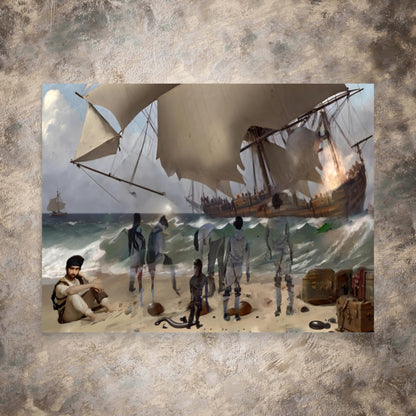 Shipwreck in Erresos dramatic digital art print featuring a vintage wooden sailing ship, crashing waves, and ghosts
