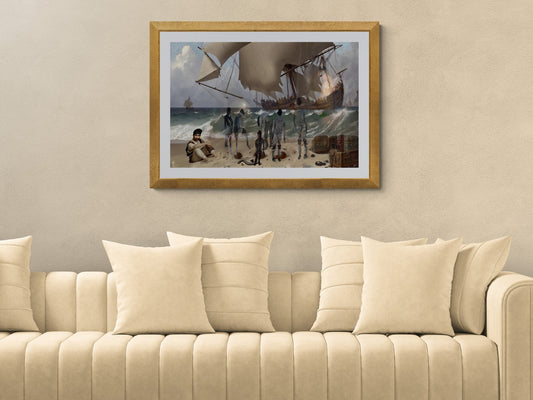 Shipwreck in Erresos surreal art print shown framed on a living room wall above a couch to display product scale