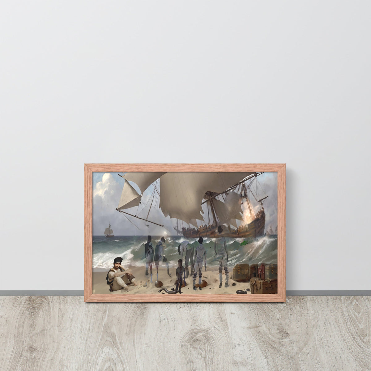 Shipwreck in Erresos, a dramatic maritime digital art print featuring a vintage shipwreck scene with a large wooden sailing ship, crashing ocean waves, and spectral figures on a sandy beach is framed with red oak and displayed against a grey wall.