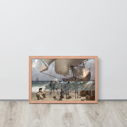 Shipwreck in Erresos, a dramatic maritime digital art print featuring a vintage shipwreck scene with a large wooden sailing ship, crashing ocean waves, and spectral figures on a sandy beach is framed with red oak and displayed against a grey wall.
