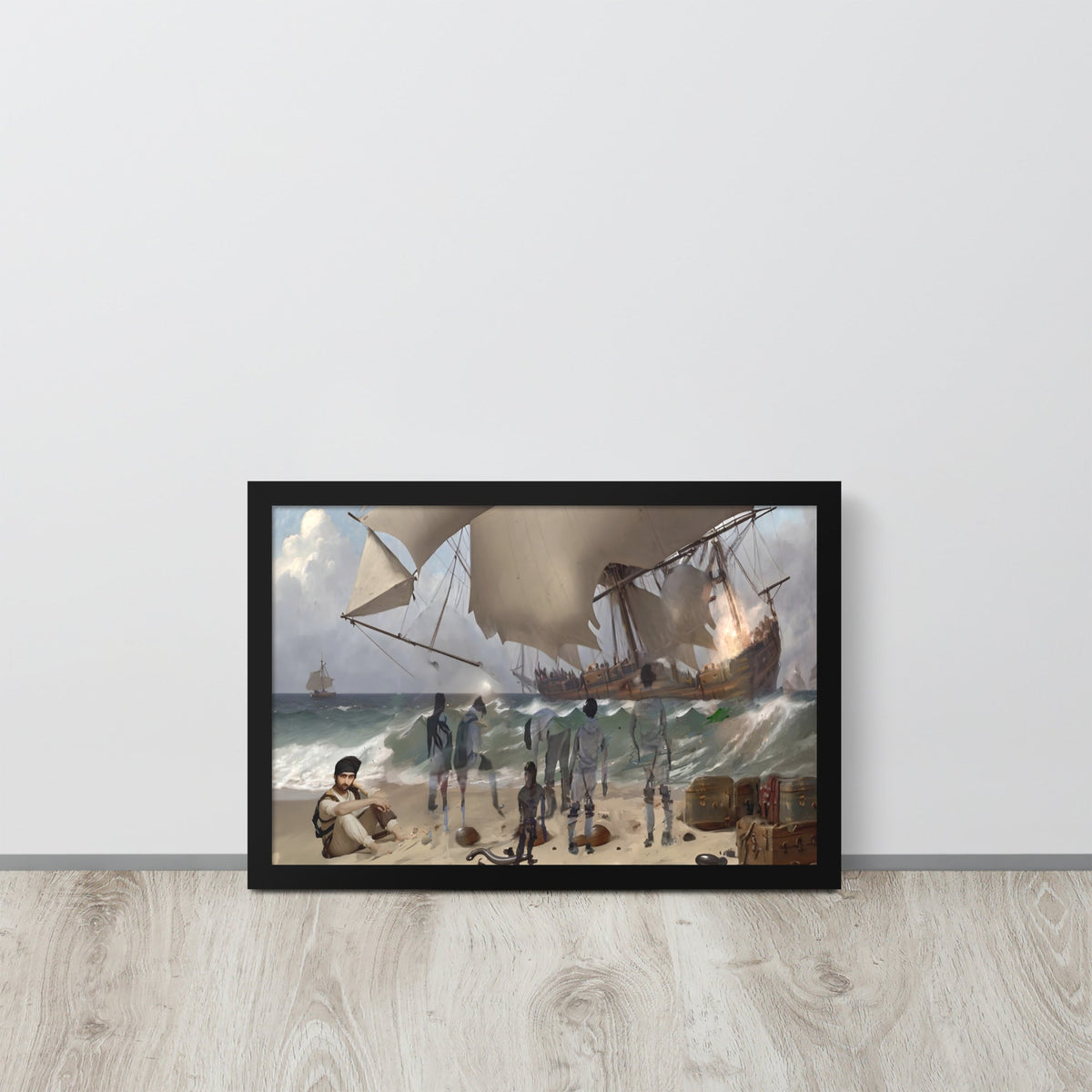 Shipwreck in Erresos digital art print shown framed and displayed against a grey wall to showcase product scale