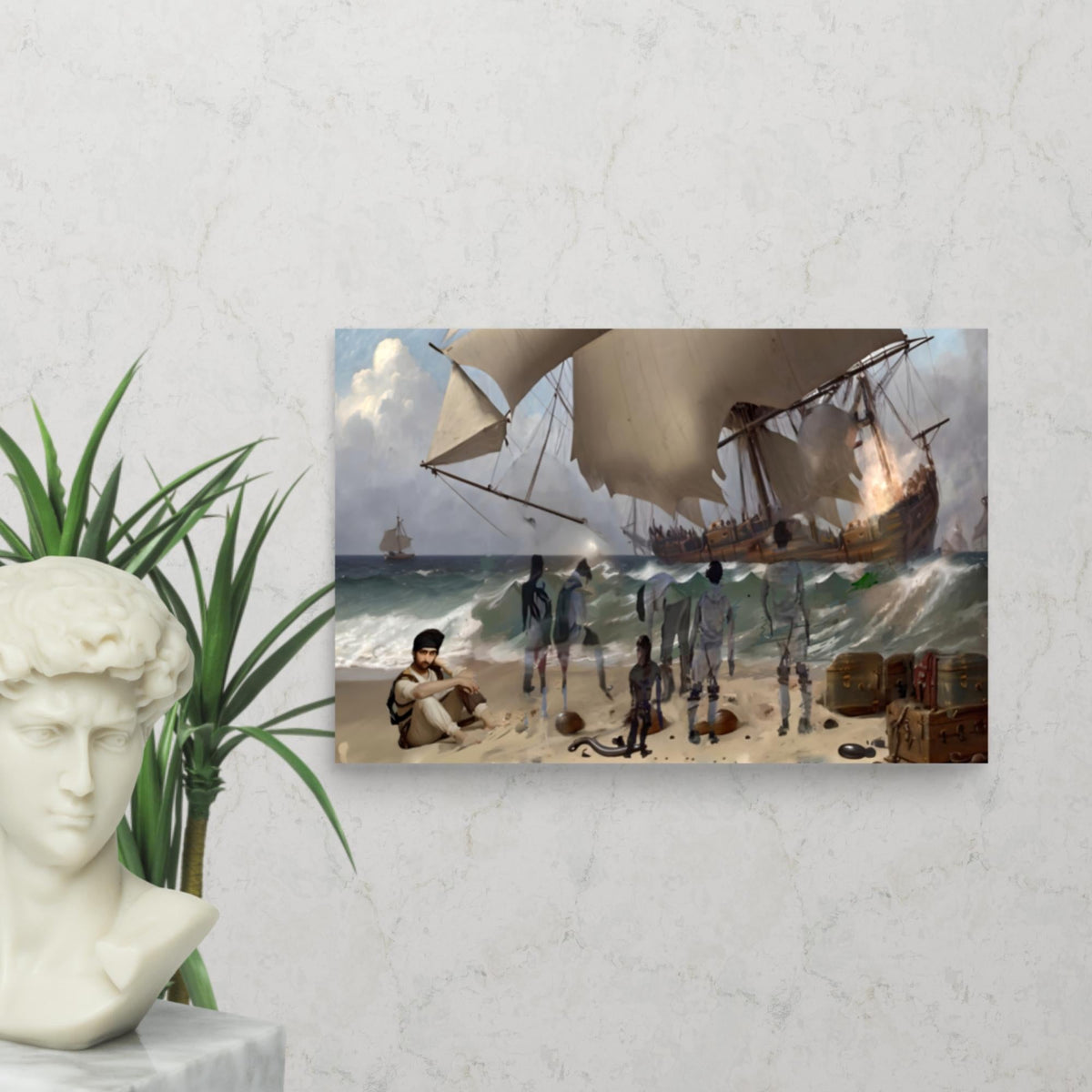 Shipwreck in Erresos is a fantasy maritime art print showing a large wooden ship tilting in ocean waves near the beach, with transparent ghostly figures watching from the shore next to weathered treasure and trunks. Displayed with a greek bust and plant on a light grey wall. 
