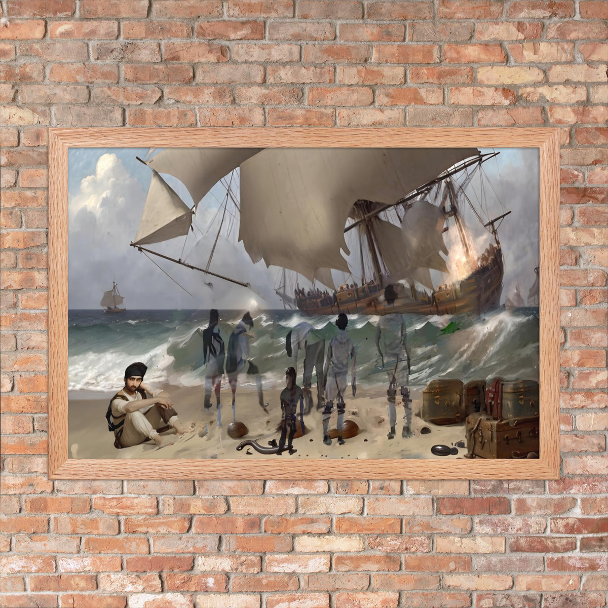 Shipwreck in Erresos surreal art print shown framed and displayed on a brick wall to showcase product scale