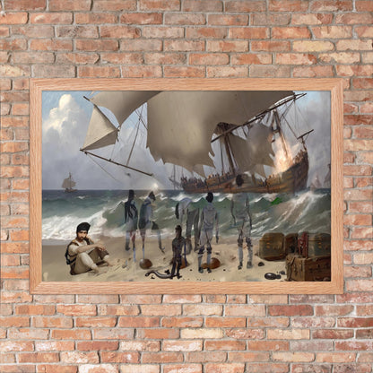 Shipwreck in Erresos surreal art print shown framed and displayed on a brick wall to showcase product scale