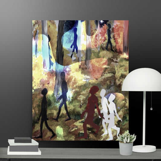 Spirits Walking Psychedelic Art Print depicting colorful figures walking through abstract forest foliage