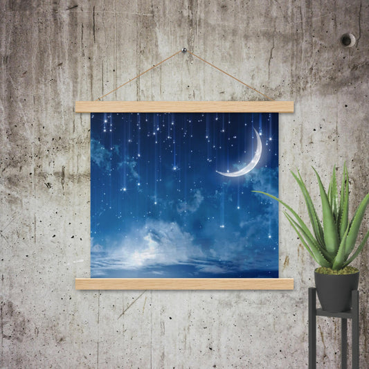 Starry Night Sky Art Print with oak hangers is a Delaney Henderson artwork featuring a silvery moon and cascading stars.