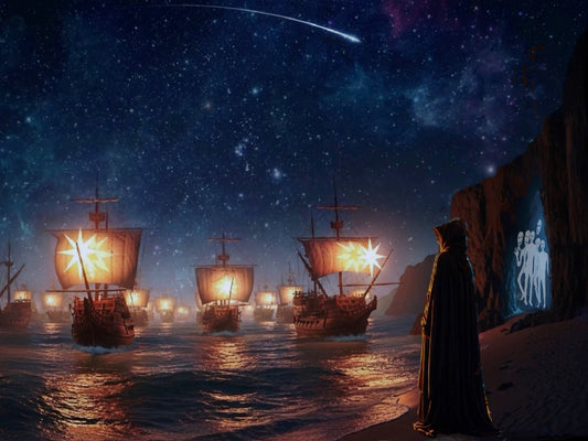 Mystical art print of sailing ships with star sails on night waters, a shooting star, and a cloaked figure by cave spirits
