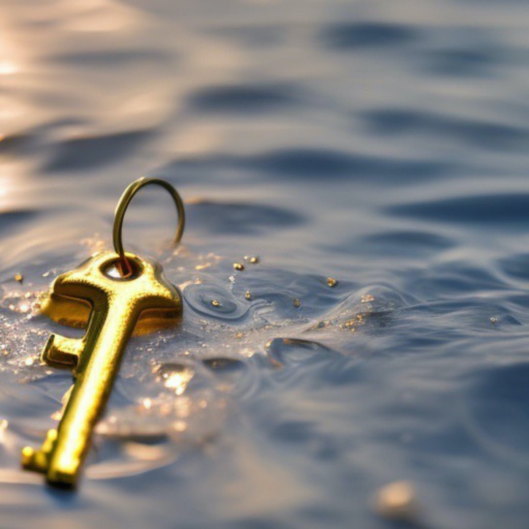 A golden key splashing in rippling water, illuminated by light.