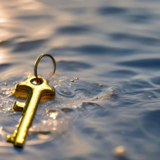 A golden key splashing in rippling water, illuminated by light.
