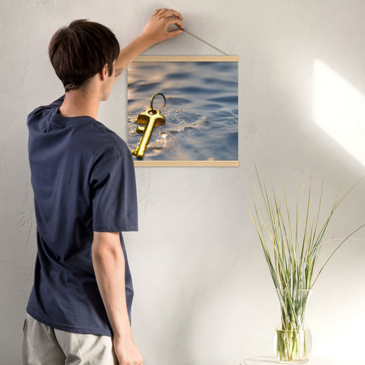 The Golden Key Art Print, spiritual wall art featuring a symbolic golden key floating on water