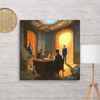 Dark fantasy decor canvas print featuring figures and a winged skeleton in an ornate room displayed on for size dimension.