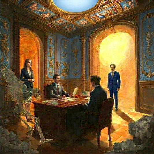Surreal art print of a palace council meeting with suited figures, a glowing doorway, and a skeletal winged creature