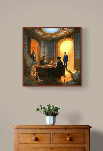 Surreal giclee print on canvas featuring formally attired people, a winged skeleton, and glowing portal displayed for size.