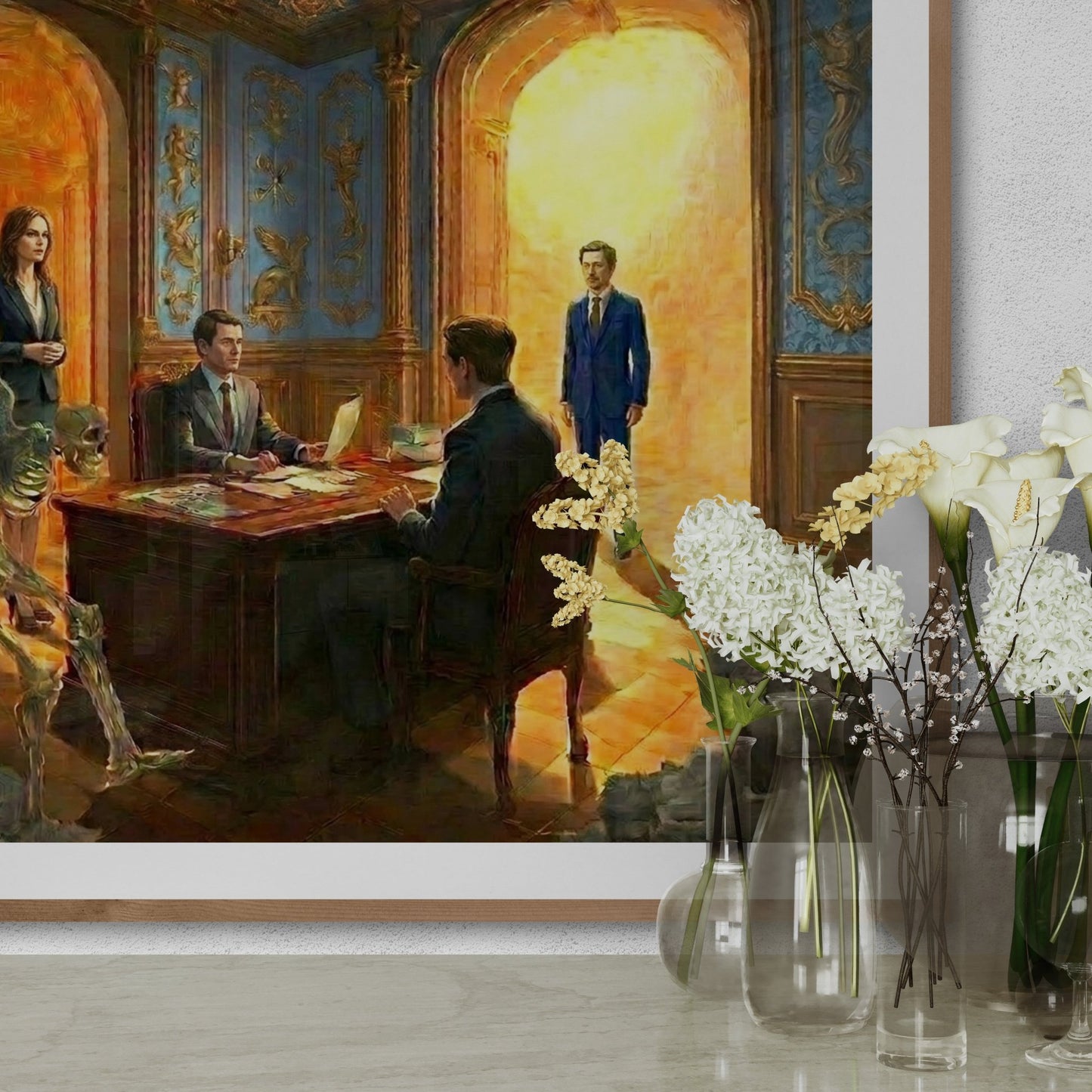 Detailed view of a giclee canvas print showing a surreal scene with a winged skeleton and golden archway.