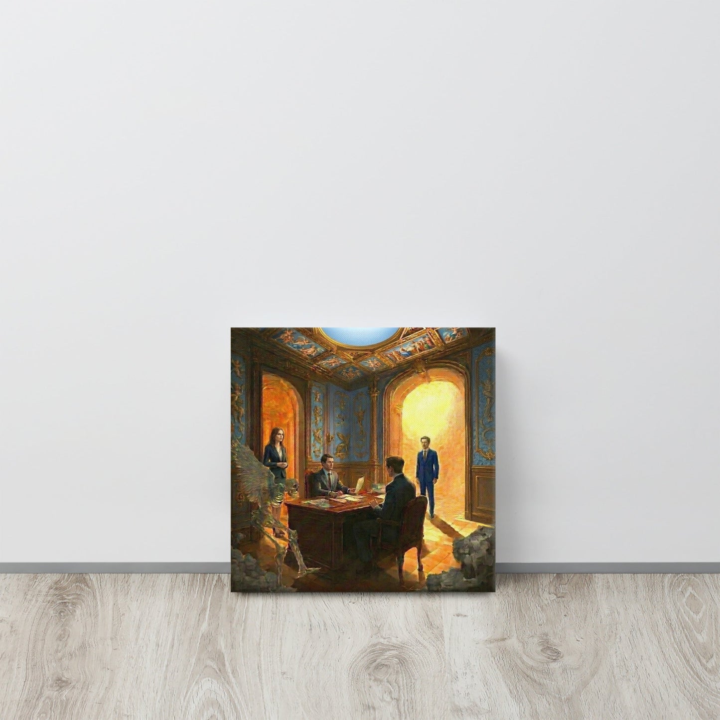 Framed surrealist print on canvas of formal figures  with a winged skeleton and a bright golden archway displayed for size.