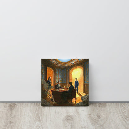 Framed surrealist print on canvas of formal figures  with a winged skeleton and a bright golden archway displayed for size.