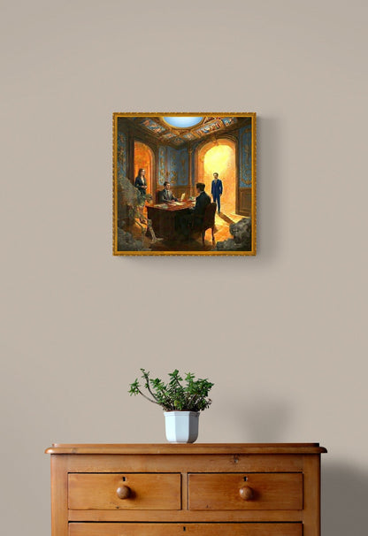 Surrealist wall art print on canvas featuring figures, a winged skeleton, and a golden archway displayed for size.