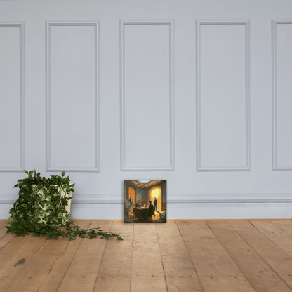 Framed surrealist wall art print on canvas featuring figures, a winged skeleton, and a golden archway displayed for size.